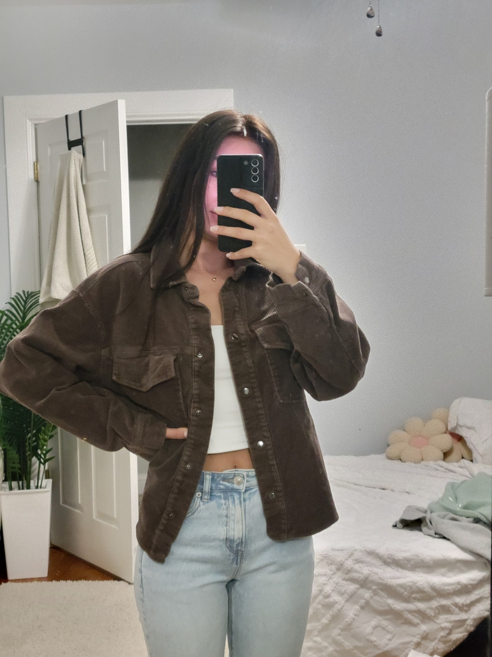 Brown Corduroy Button-Up Jacket - Women's Casual Shacket